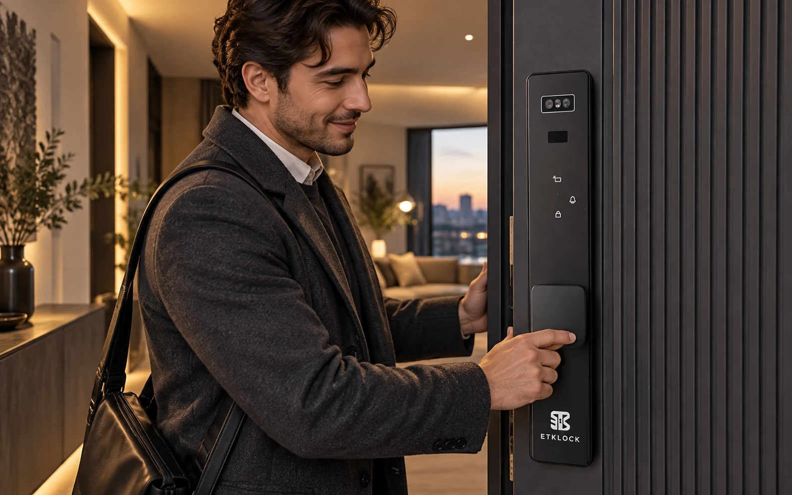 Eve gelirken ETKLOCK akıllı kilidini kullanan mutlu bir kullanıcı